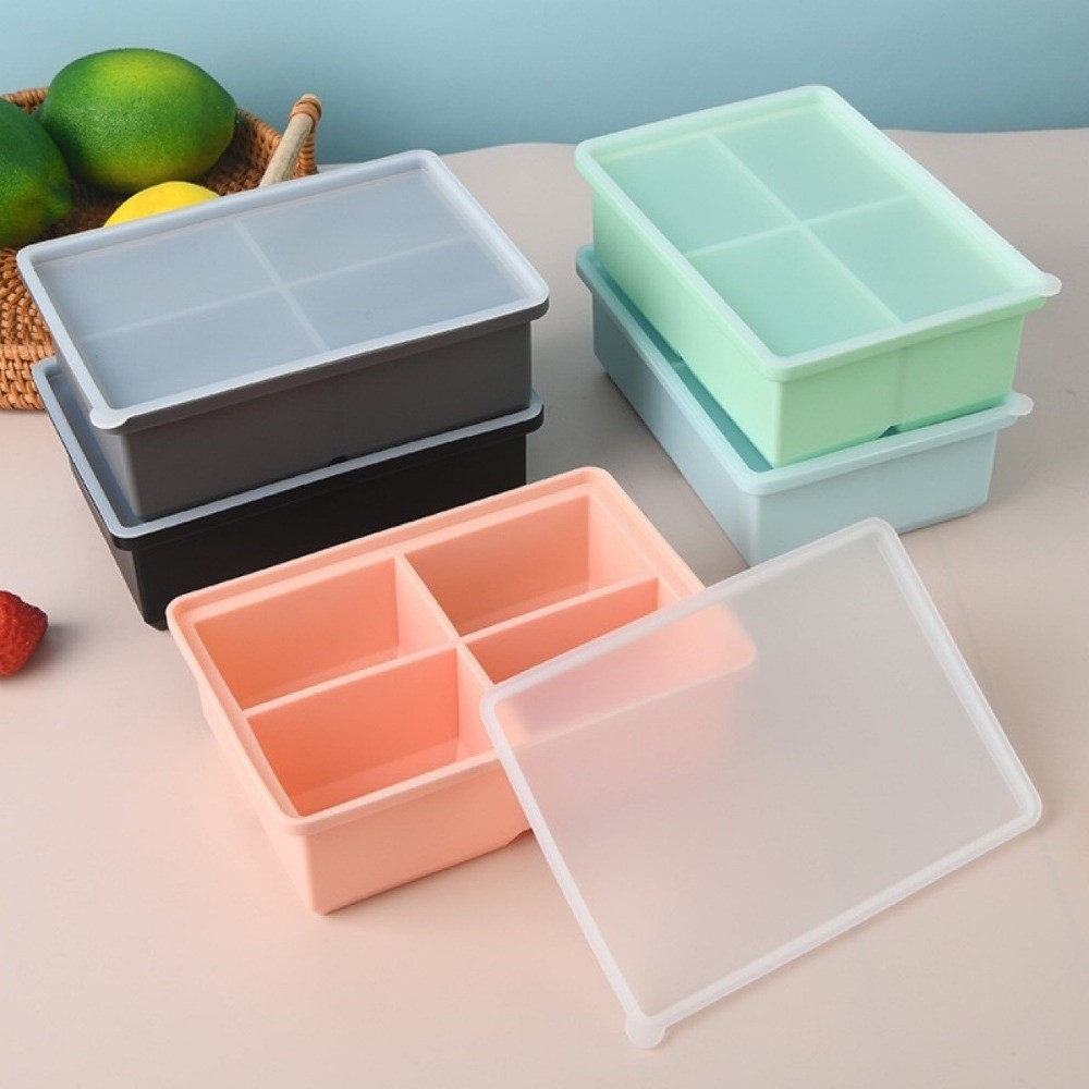 Meal Prep Template - แม่พิมพ์ทำน้ำแข็งซิลิโคนแบบใหม่ ฝาปิดกันรั่ว รูปทรงสี่เหลี่ยม ถาดน้ำแข็ง 4 ช่อง
