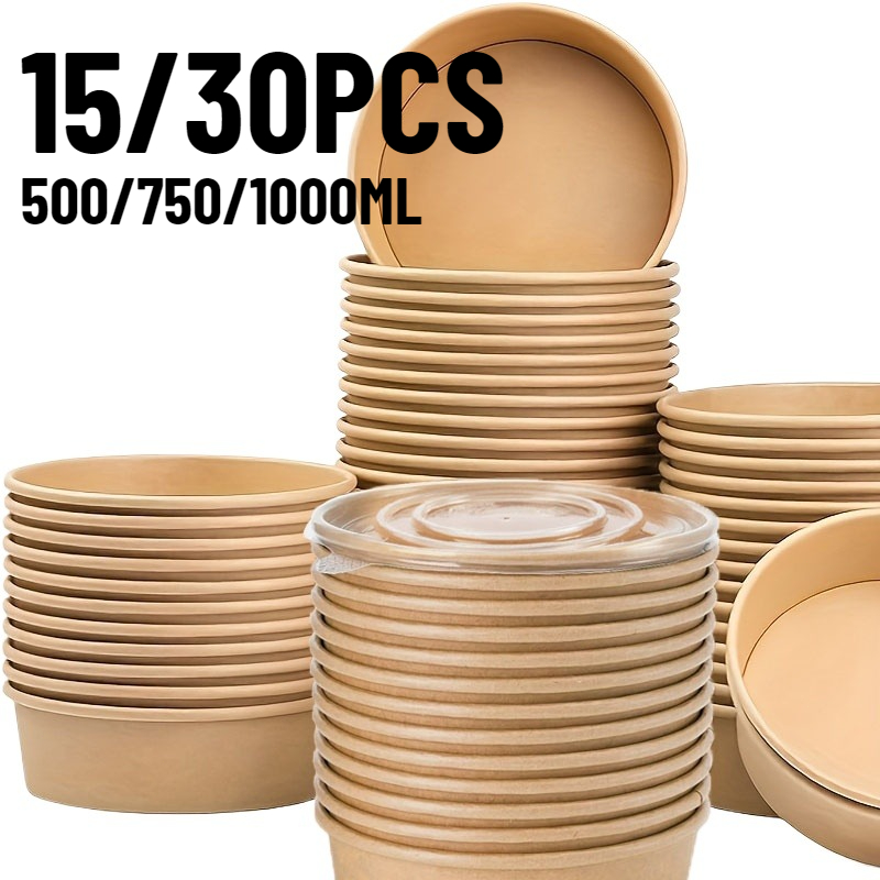 Meal Prep Bowl - 15/30 ชิ้น ชามกระดาษคราฟท์แบบใช้แล้วทิ้ง พร้อมฝาปิด สำหรับใส่สลัด ผัก